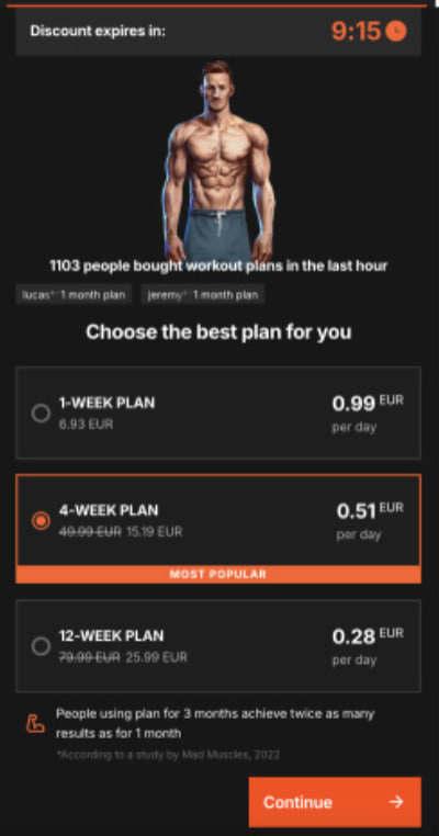 Пример персонализированного paywall + FOMO от Mad Muscles (4/4)